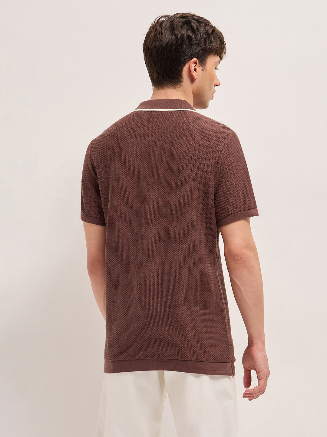 Brown Textured Knit Regular Fit Polo with Open V-Notch Placket
