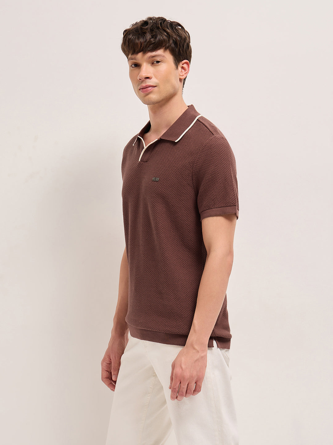 Brown Textured Knit Regular Fit Polo with Open V-Notch Placket