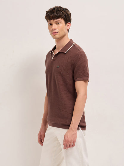 Brown Textured Knit Regular Fit Polo with Open V-Notch Placket