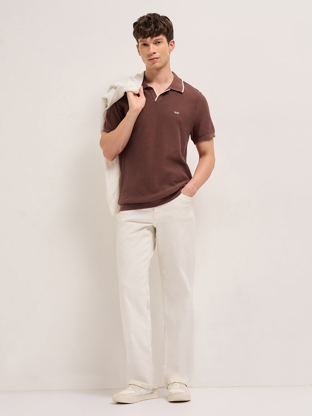 Brown Textured Knit Regular Fit Polo with Open V-Notch Placket