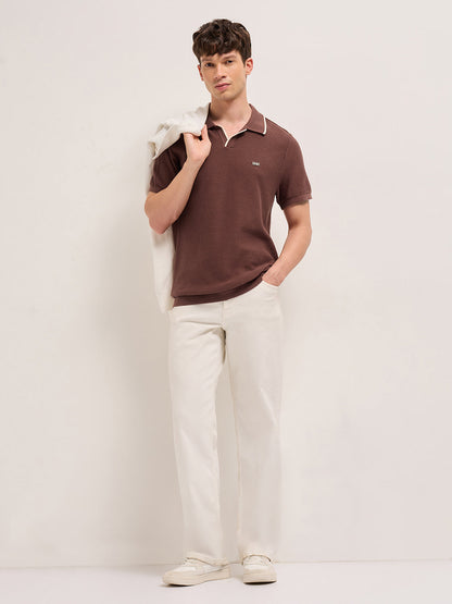 Brown Textured Knit Regular Fit Polo with Open V-Notch Placket
