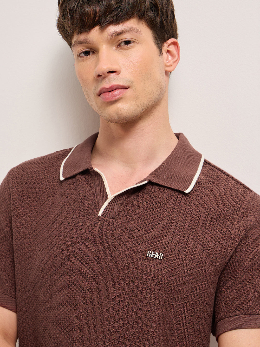 Brown Textured Knit Regular Fit Polo with Open V-Notch Placket