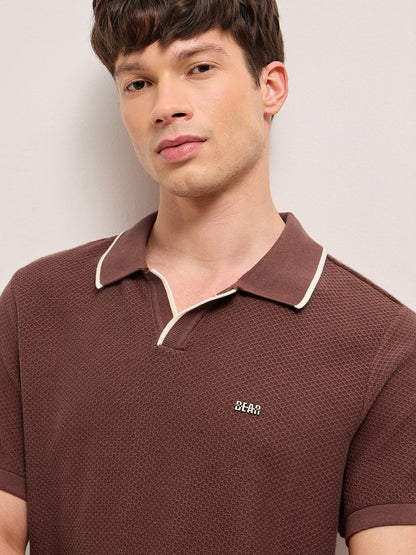 Brown Textured Knit Regular Fit Polo with Open V-Notch Placket