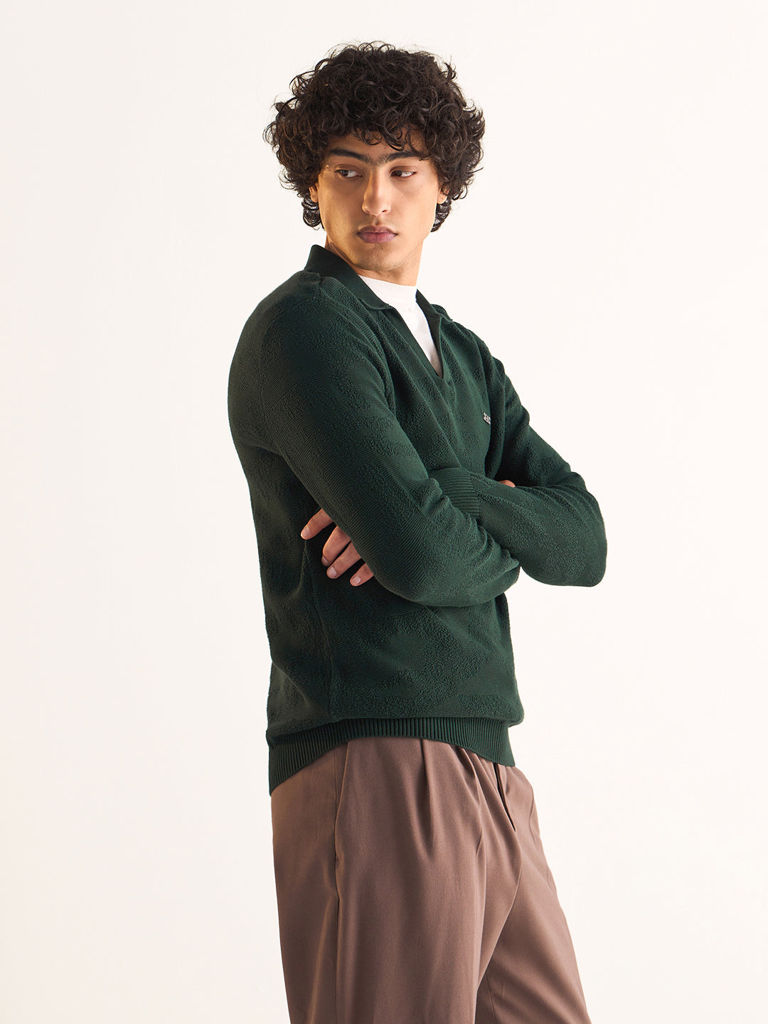 Green Textured Knit Slim Fit Polo with V-Neck Opening