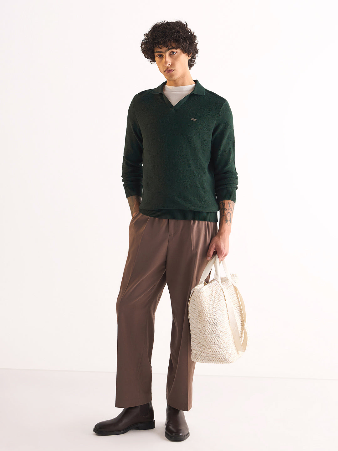 Green Textured Knit Slim Fit Polo with V-Neck Opening