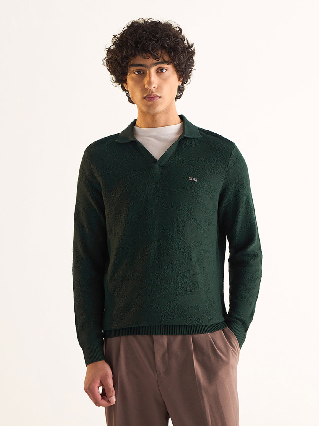 Green Textured Knit Slim Fit Polo with V-Neck Opening