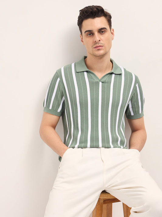 Green Textured Vertical Stripes Regular Fit Polo