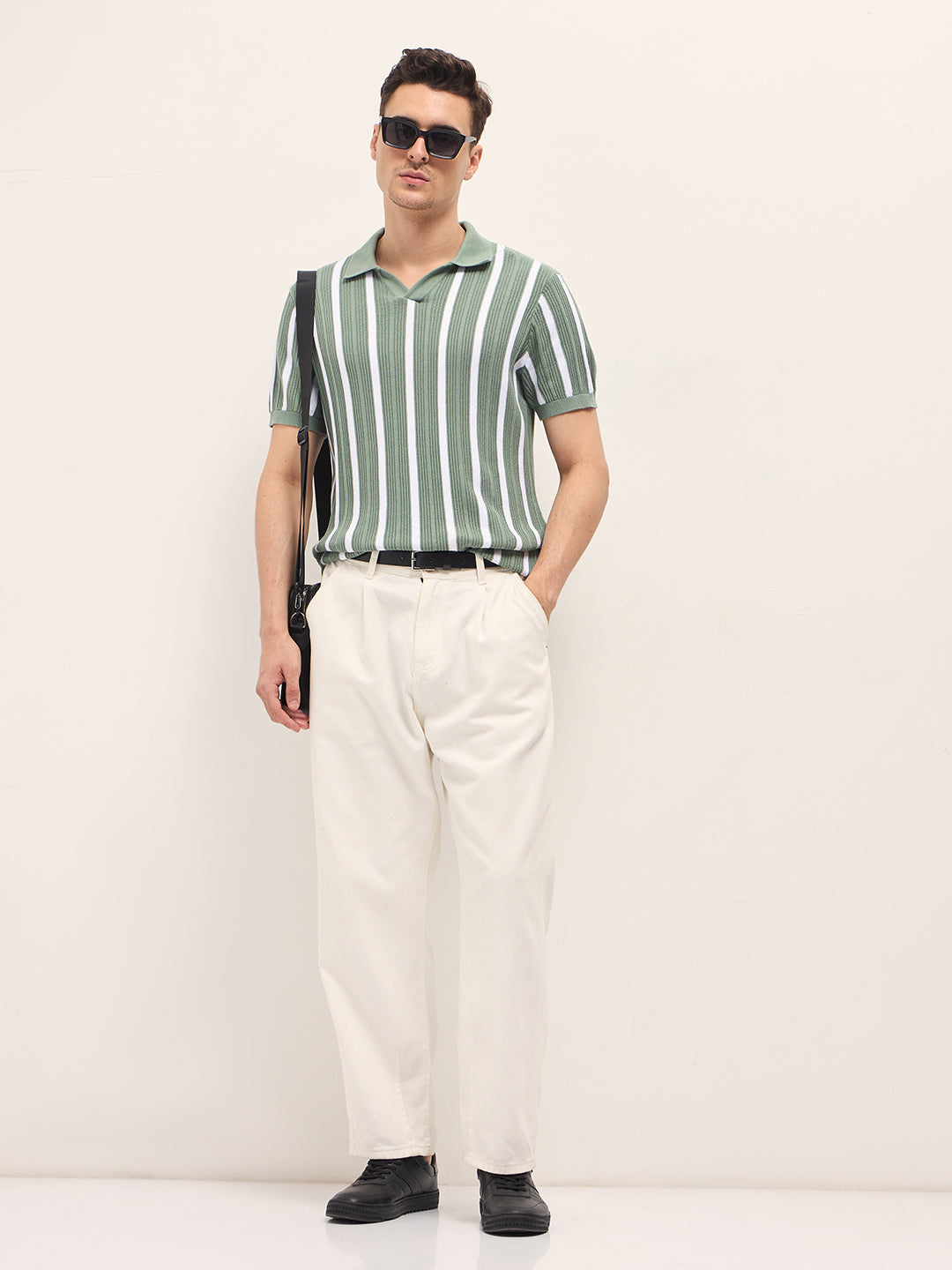 Green Textured Vertical Stripes Regular Fit Polo