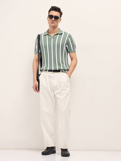 Green Textured Vertical Stripes Regular Fit Polo