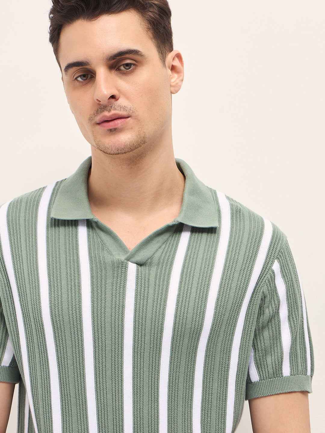 Green Textured Vertical Stripes Regular Fit Polo