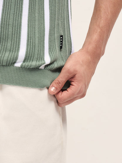 Green Textured Vertical Stripes Regular Fit Polo