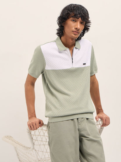 Light Green and White Geometric Textured Knit Regular Fit Polo Shirt