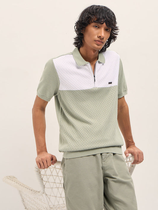 Light Green and White Geometric Textured Knit Regular Fit Polo Shirt