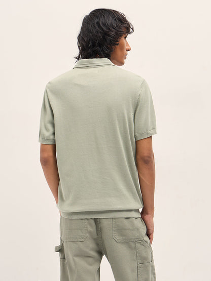 Light Green and White Geometric Textured Knit Regular Fit Polo Shirt