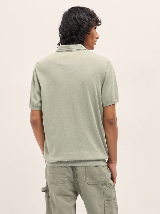 Light Green and White Geometric Textured Knit Regular Fit Polo Shirt