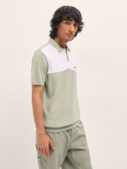 Light Green and White Geometric Textured Knit Regular Fit Polo Shirt