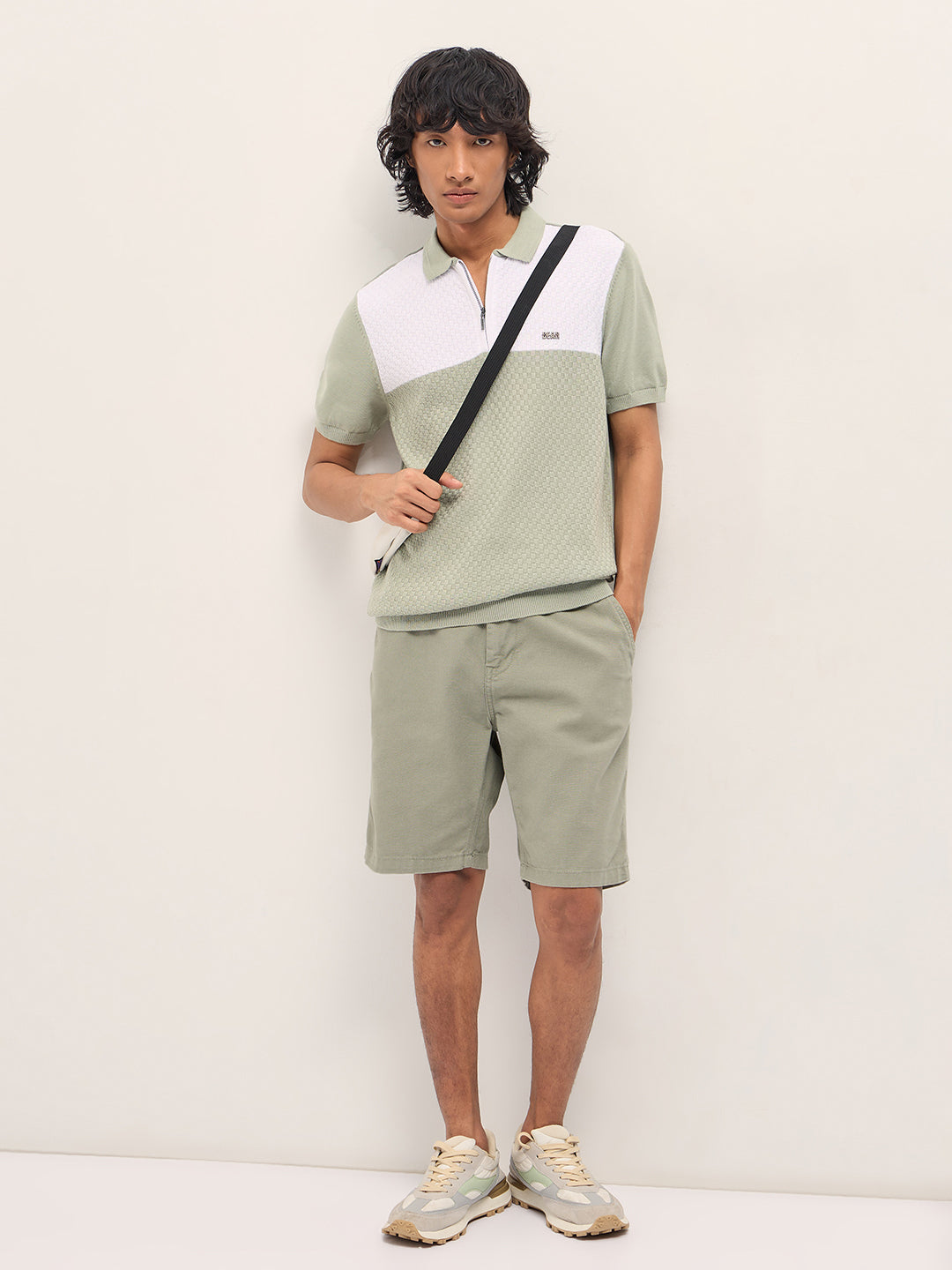 Light Green and White Geometric Textured Knit Regular Fit Polo Shirt