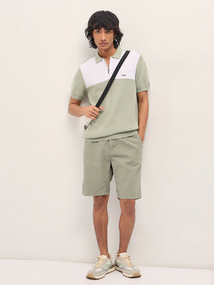 Light Green and White Geometric Textured Knit Regular Fit Polo Shirt