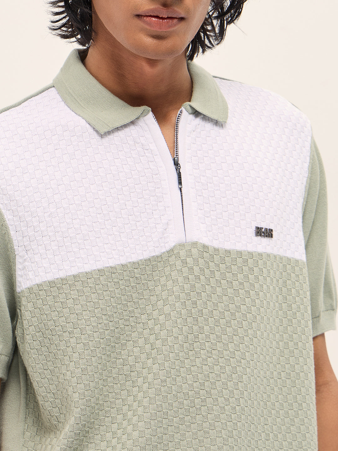Light Green and White Geometric Textured Knit Regular Fit Polo Shirt
