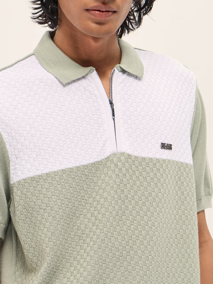 Light Green and White Geometric Textured Knit Regular Fit Polo Shirt