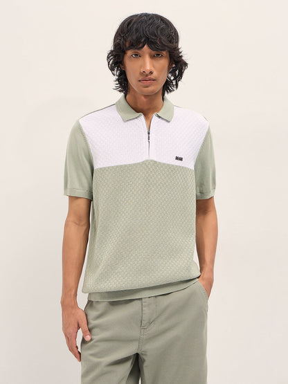 Light Green and White Geometric Textured Knit Regular Fit Polo Shirt