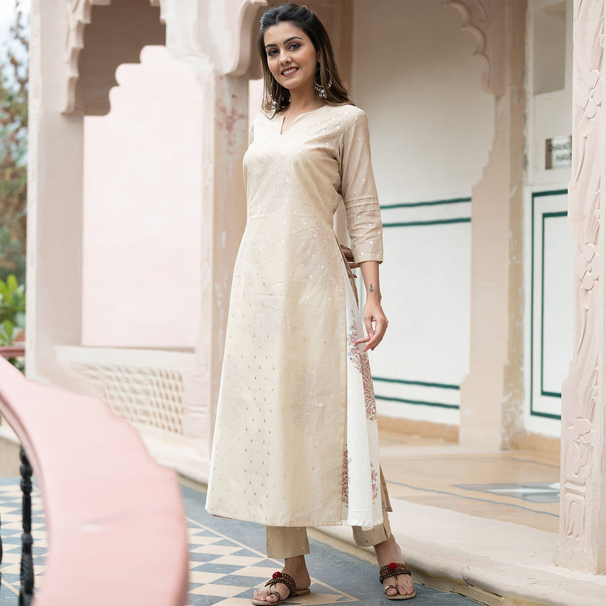 Light Beige Silver Print Kurta Set