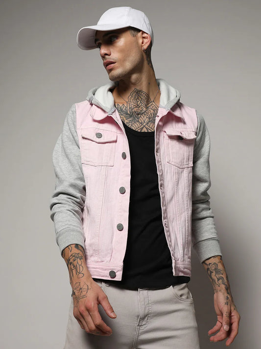 Medium-Wash Denim Jacket With Sweatshirt Sleeve