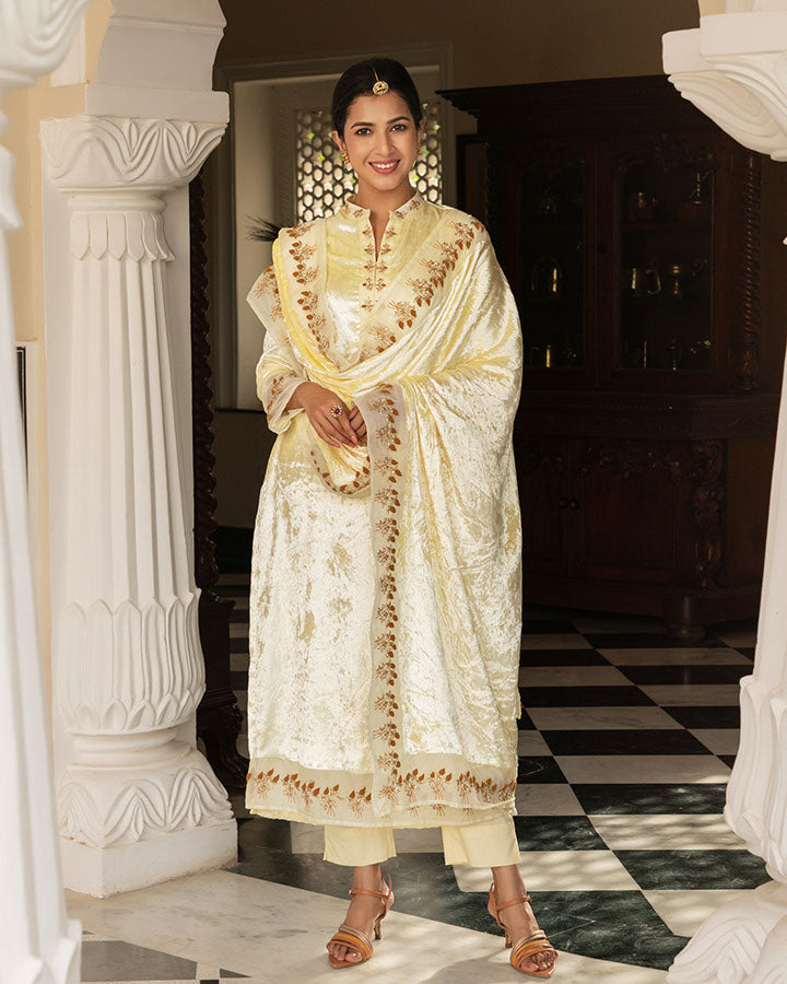 Cream Begum Velvet Suit Set