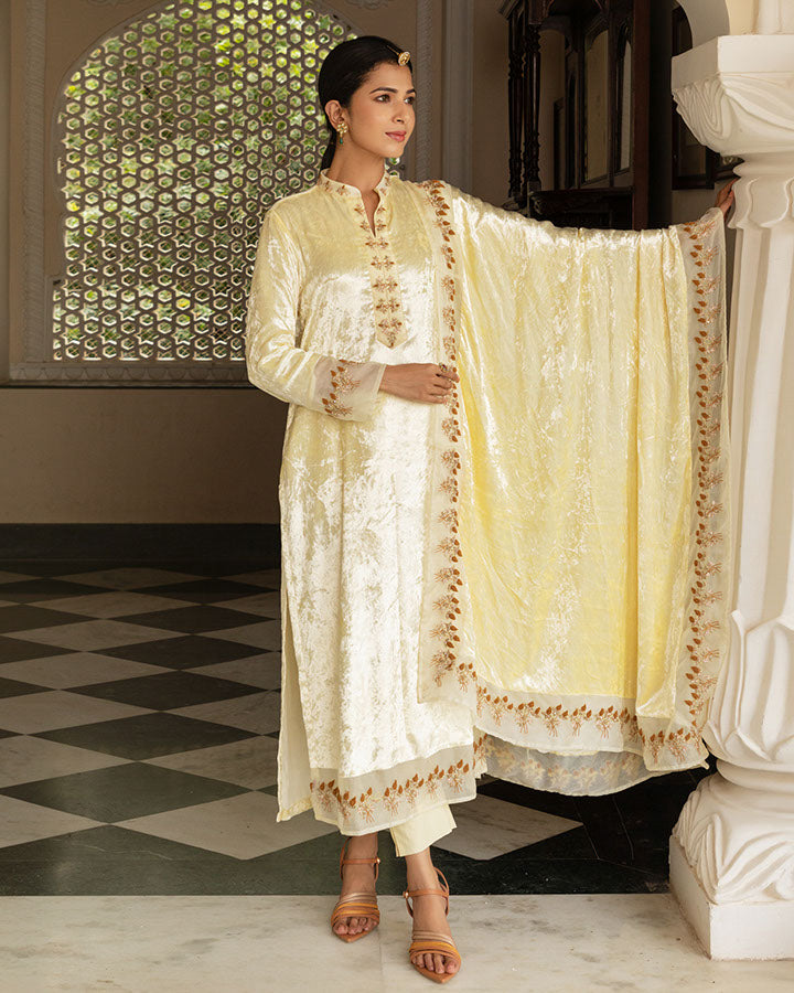 Cream Begum Velvet Suit Set