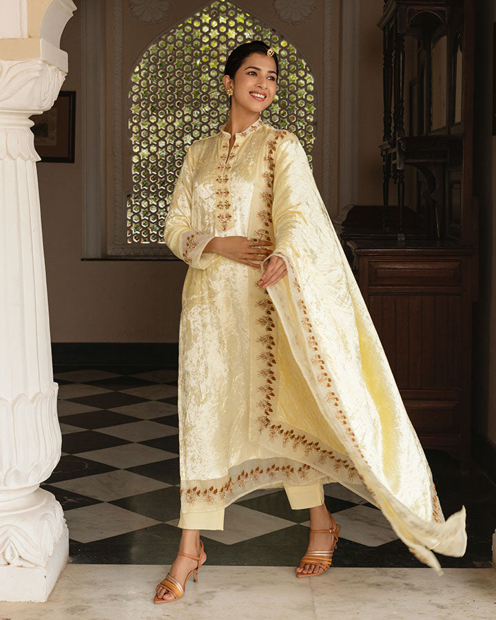 Cream Begum Velvet Suit Set
