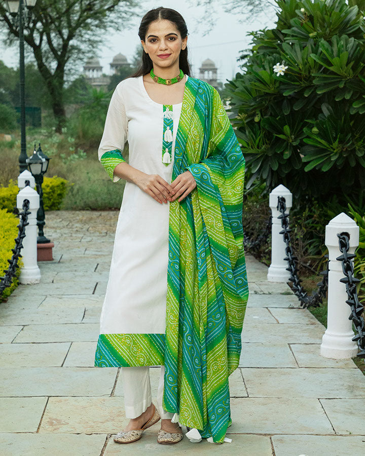 White Bhandhej Suit Set