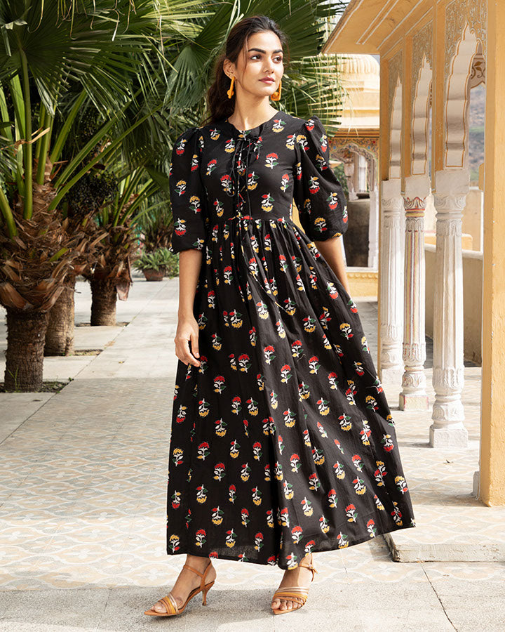Black Cotton Floral Printed Maxi