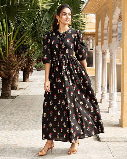 Black Cotton Floral Printed Maxi