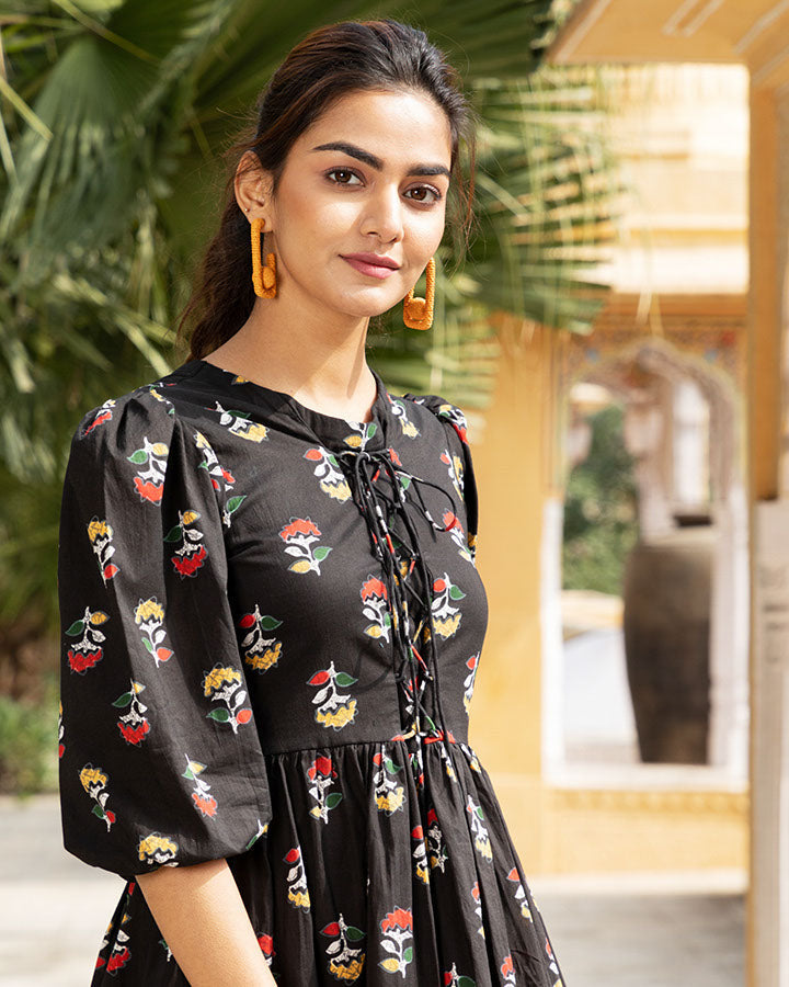 Black cotton maxi dress with floral prints