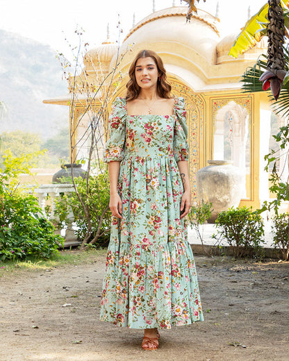 Green Floral Printed Maxi