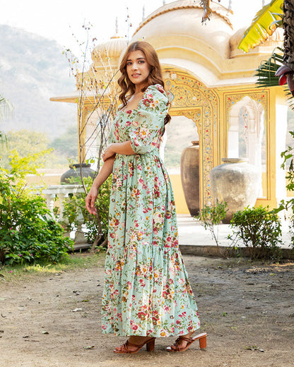 Green Floral Printed Maxi