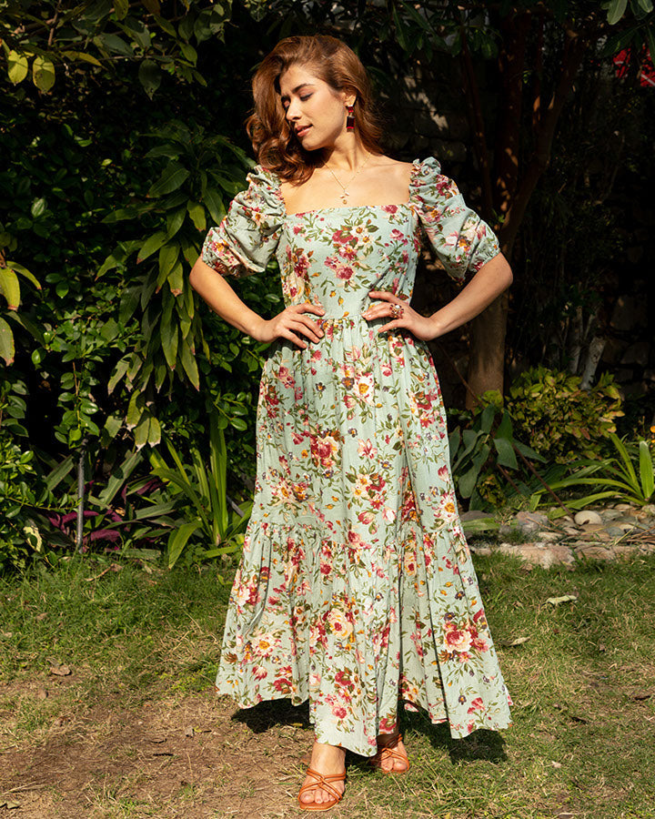 Green Floral Printed Maxi