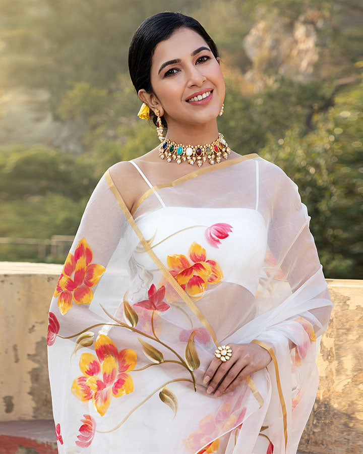 White Organza Handpainted Saree