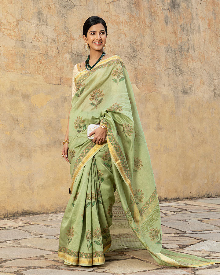 Green Gold Foil Chanderi Saree