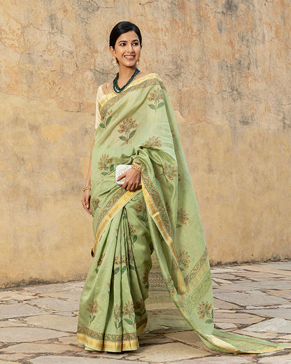 Green Gold Foil Chanderi Saree