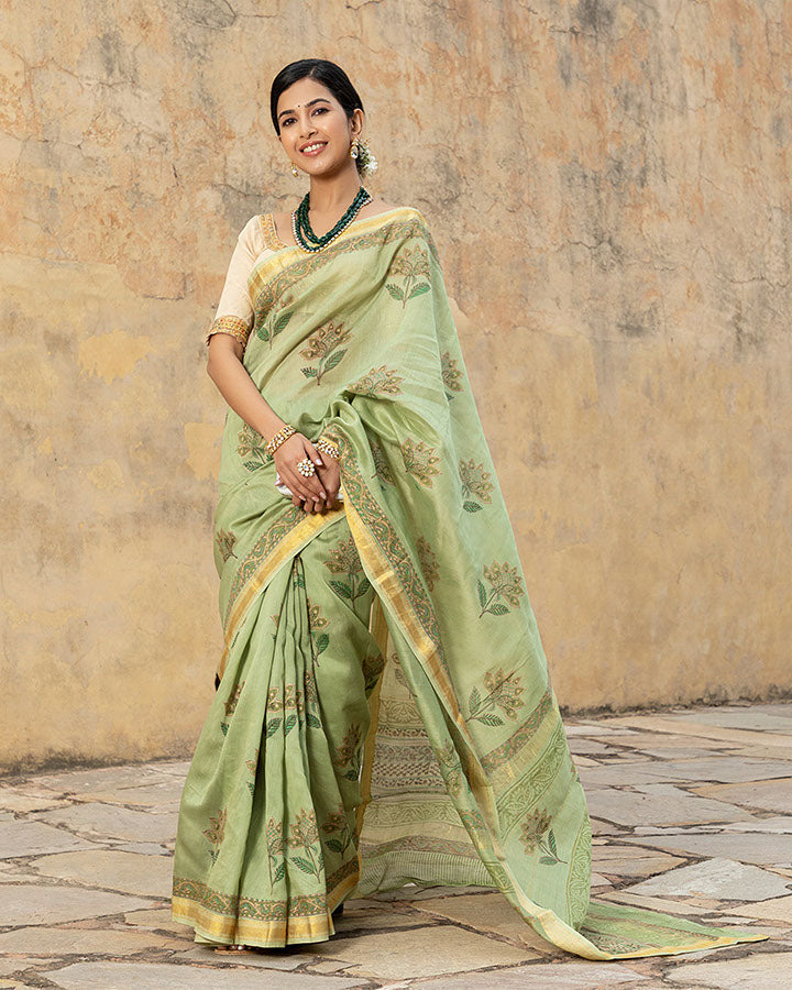 Green Gold Foil Chanderi Saree