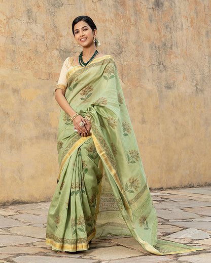 Green Gold Foil Chanderi Saree