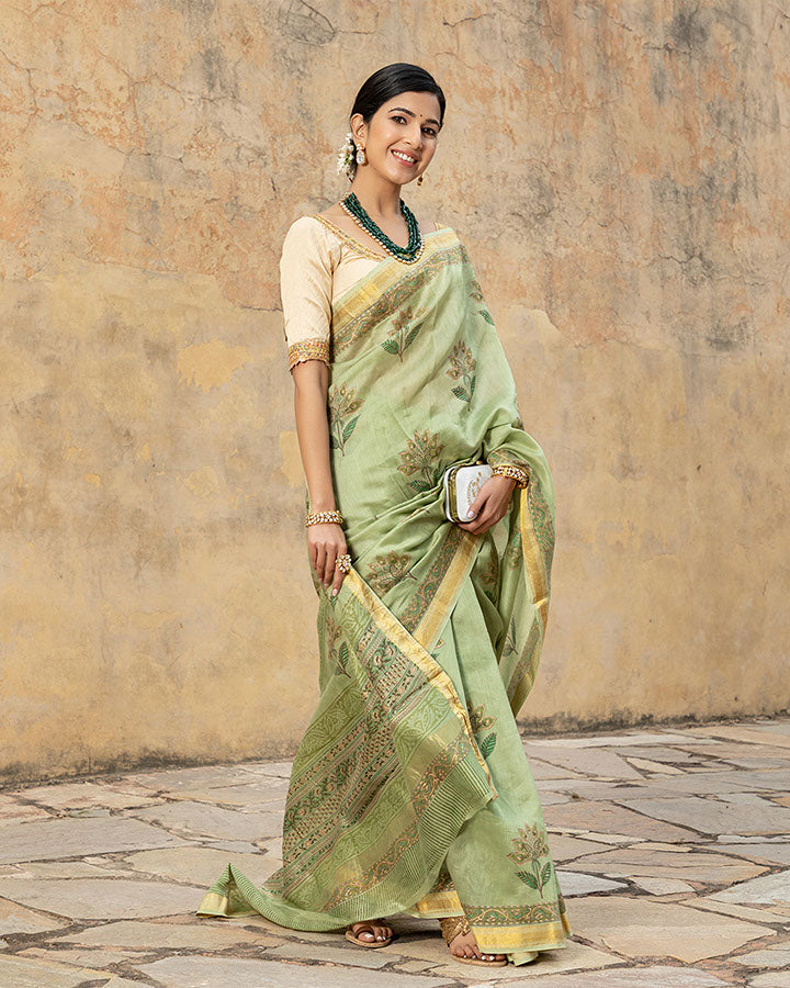 Green Gold Foil Chanderi Saree