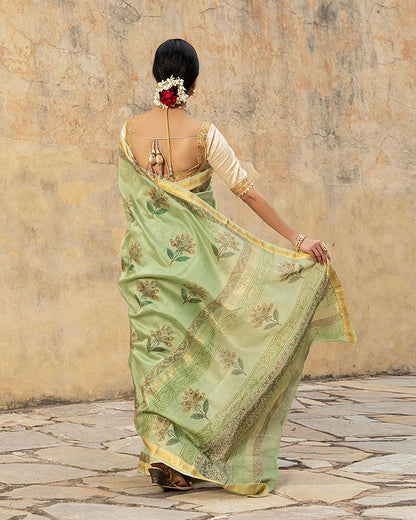 Green Gold Foil Chanderi Saree