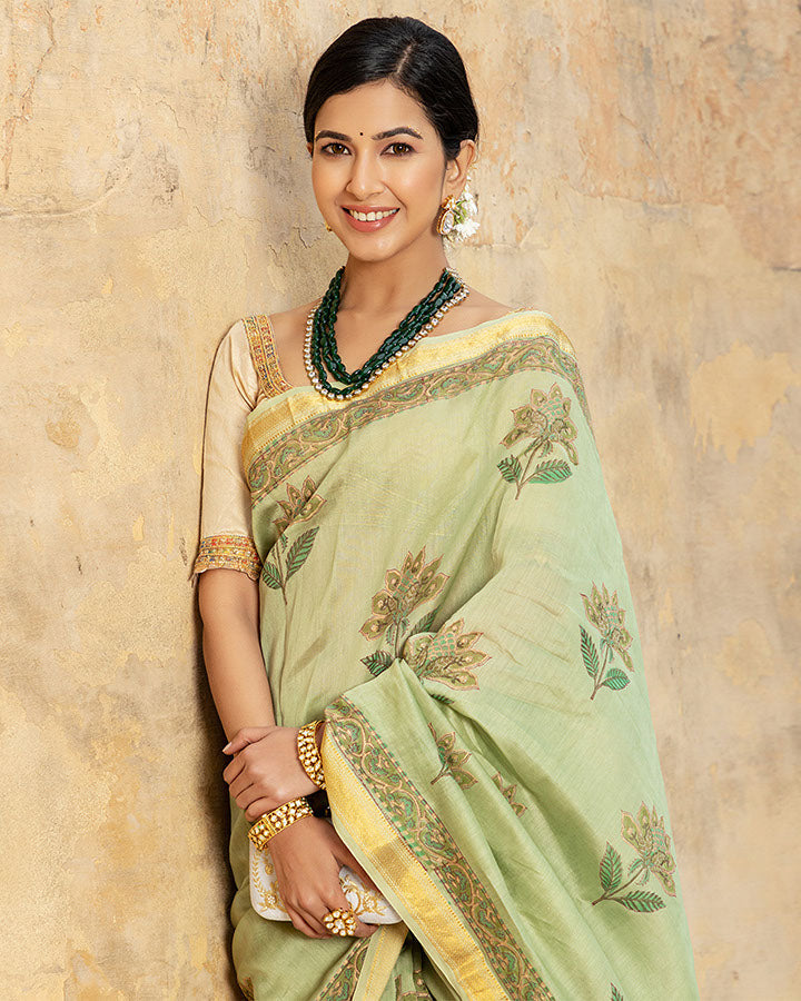 Green Gold Foil Chanderi Saree