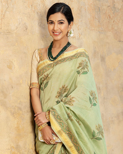 Green Gold Foil Chanderi Saree