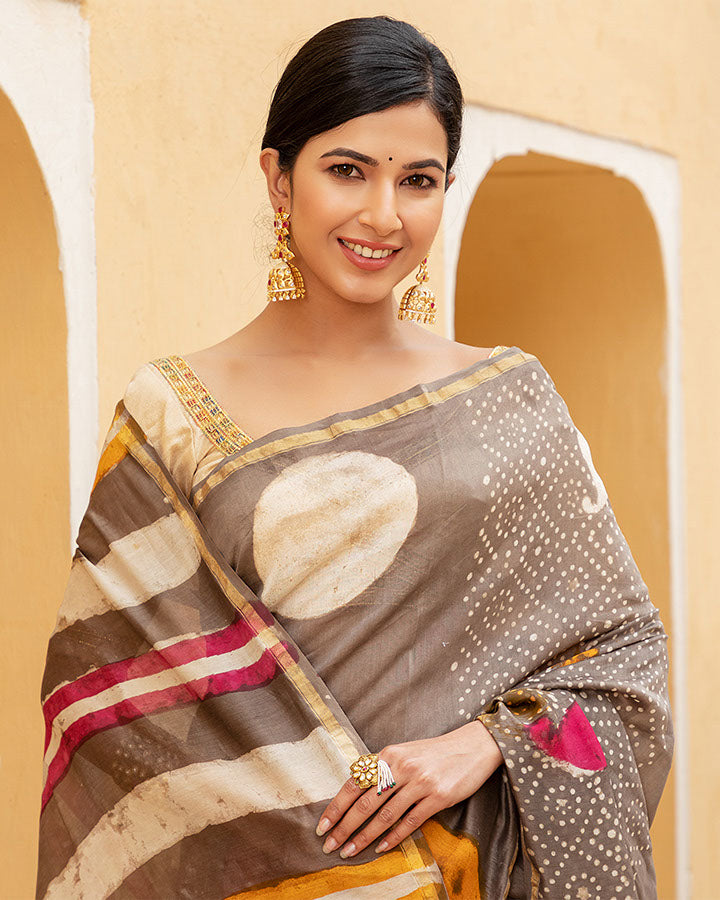 Brown Dotted Chanderi Saree