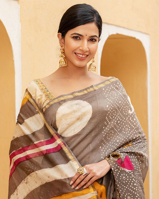 Brown Dotted Chanderi Saree