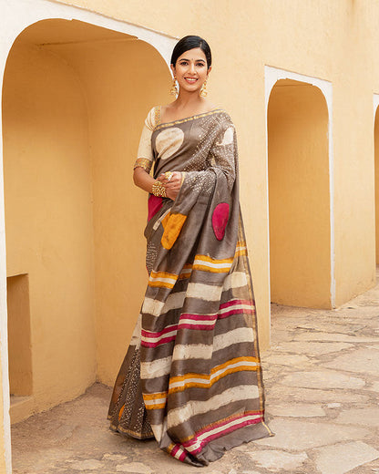 Brown Dotted Chanderi Saree