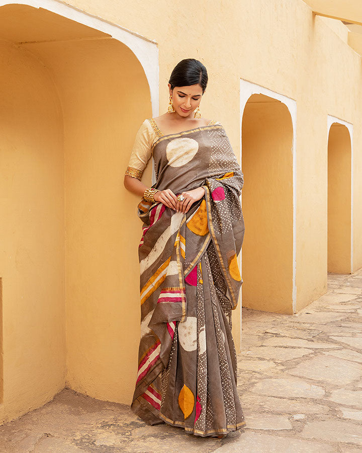 Brown Dotted Chanderi Saree